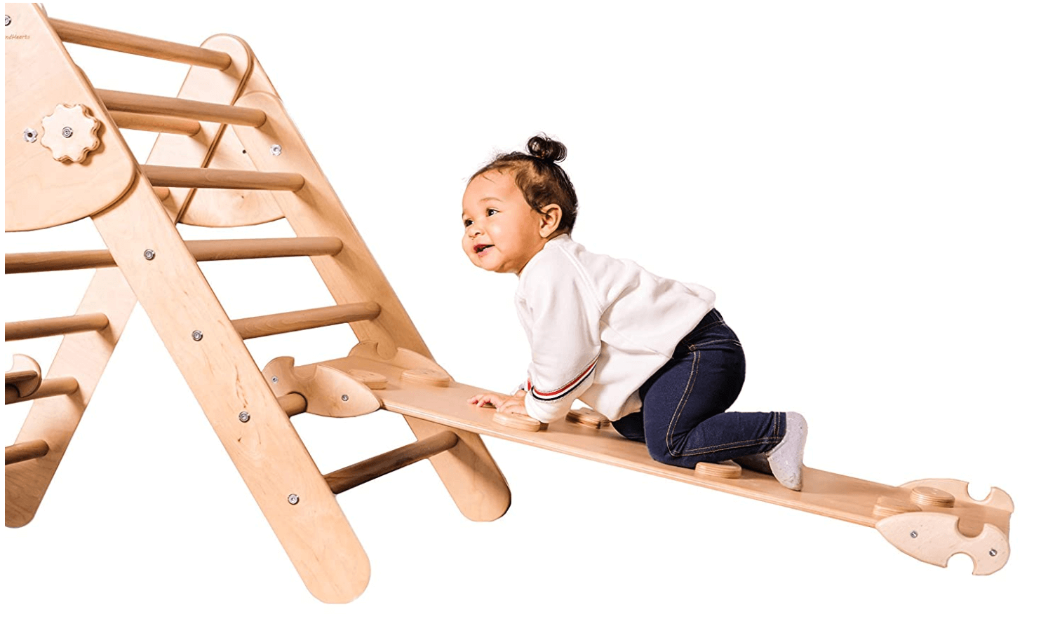 toddler playing with Wooden Pikler Triangle + Ramp