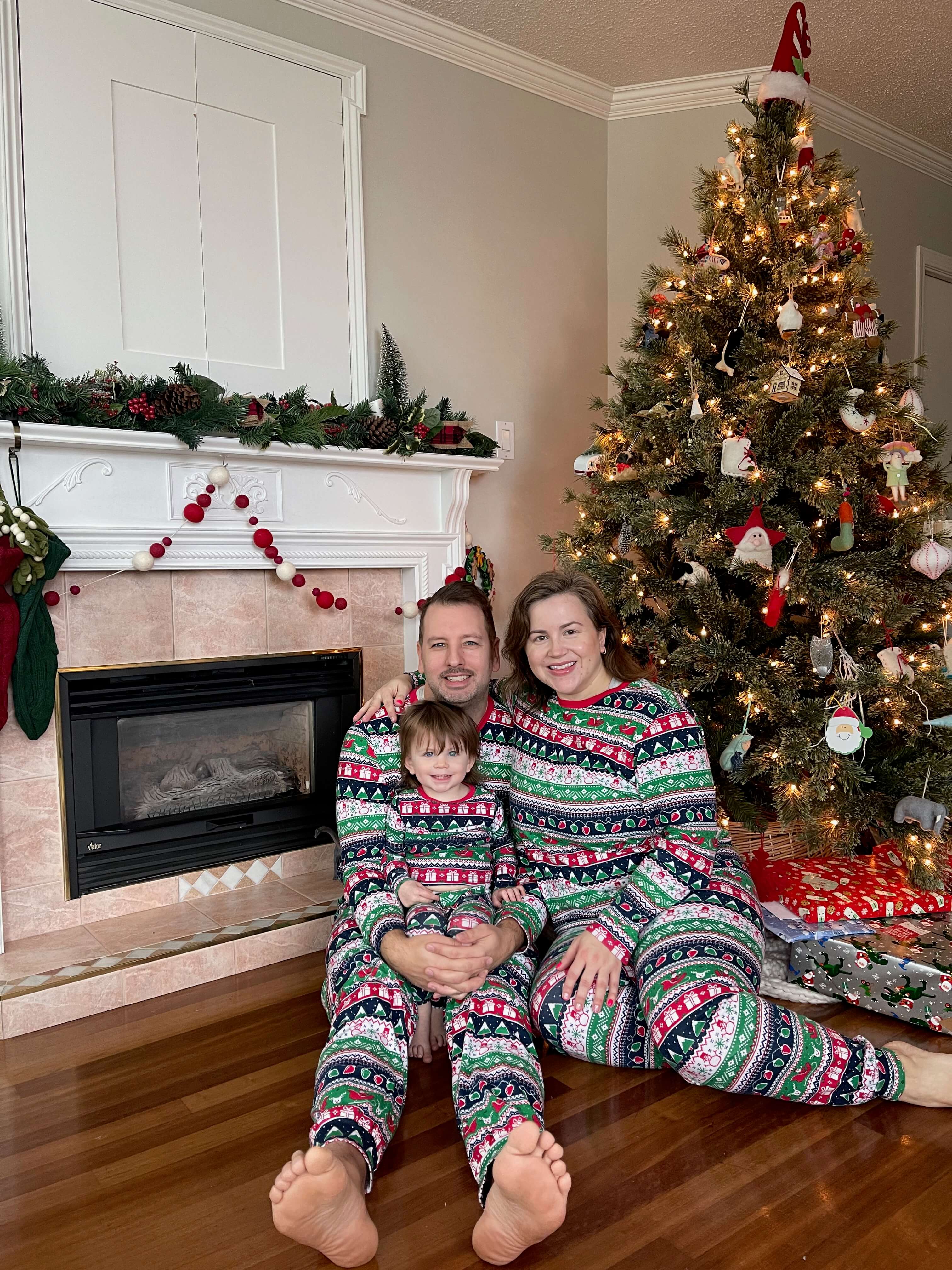 family in matching holiday pajamas